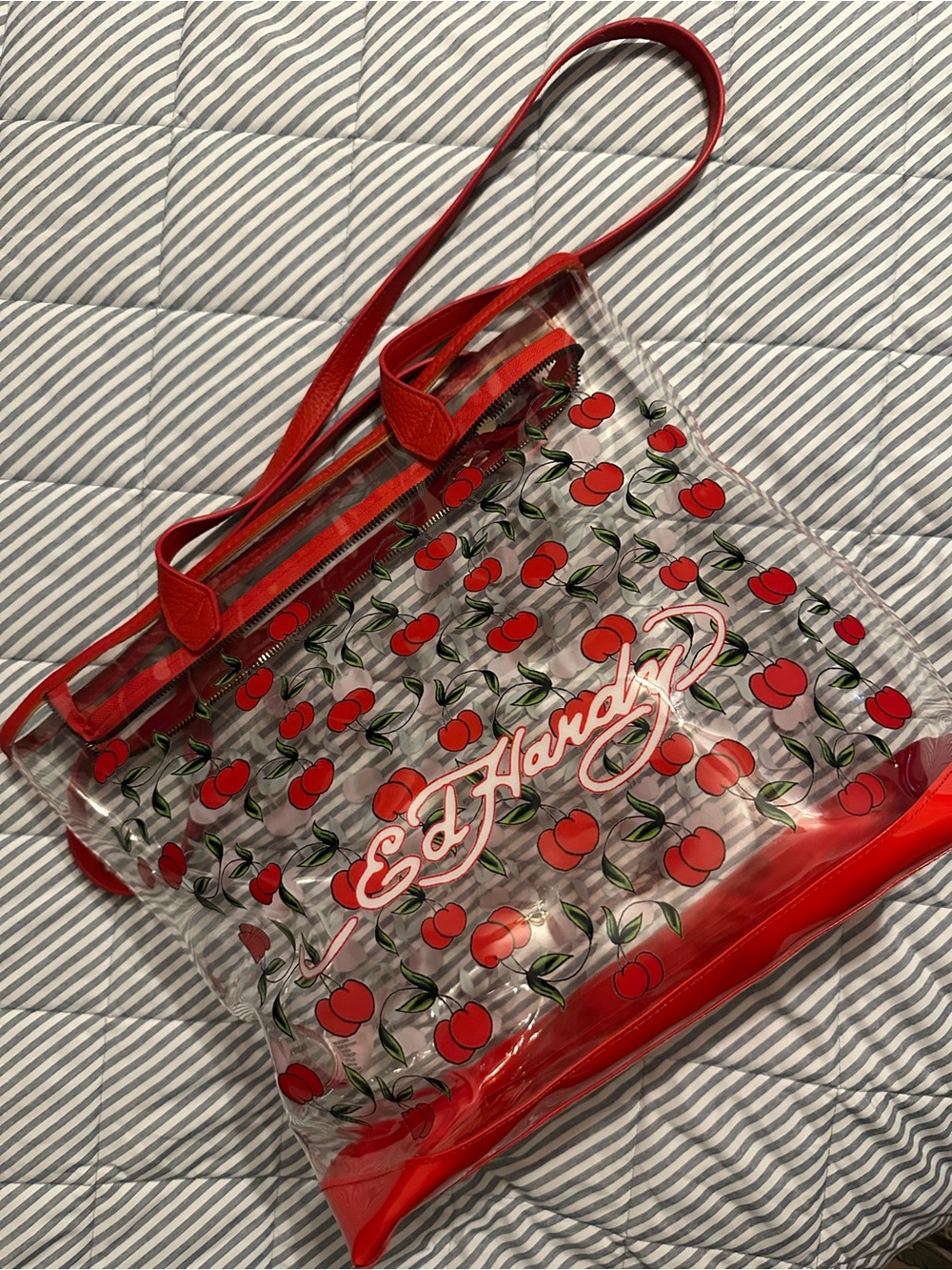 Ed Hardy Clear Tote with Red Cherry Print and Red Trim